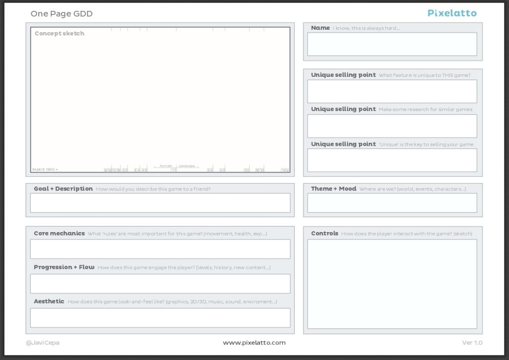 One Page Game Design Document Template