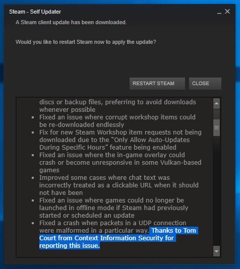تصویری از نوشته‌های به روز‌رسانی کلاینت استیم