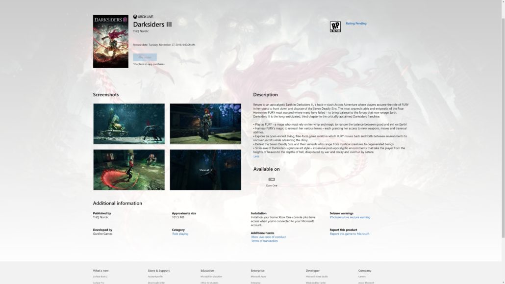 Darksiders III, Gunfire Games, پی سی گیمینگ (PC Gaming), فروشگاه استیم (Steam), کنسول PlayStation 4, کنسول Xbox One, مایکروسافت استور (Microsoft Store)