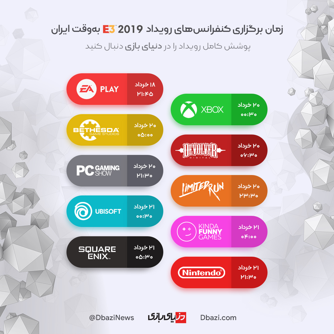جدول زمان برگزاری کنفرانس‌های E3 2019 به‌وقت ایران